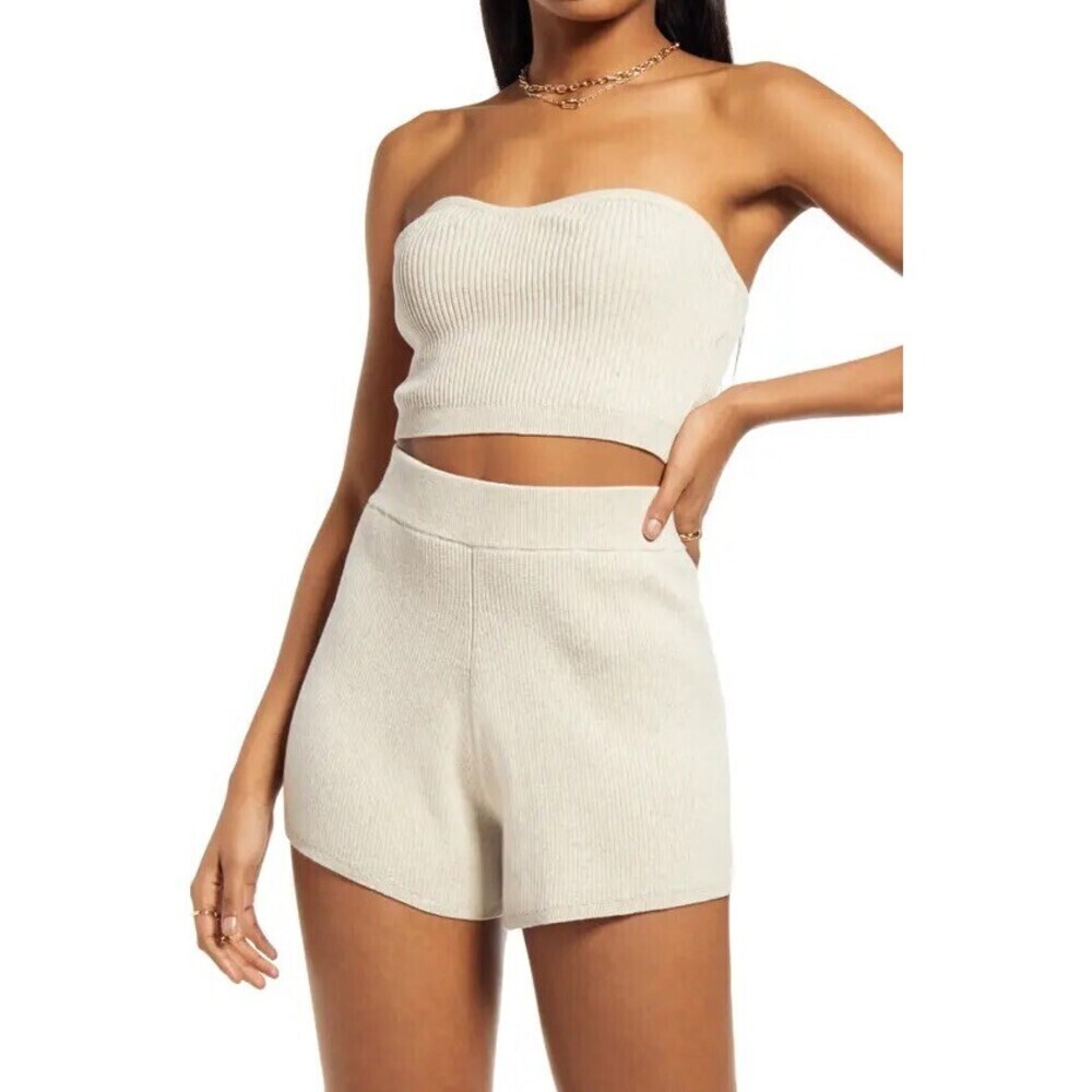 Open Edit Woman's Sweater Shorts In Beige Oatmeal Medium Heather Size XL